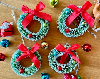 Mini Flocked Bottle Brush Christmas Green or Blush Wreaths w/ Bulbs-Lot of 2 Retro Holiday Ornaments-Two Inch Wreaths-Small Red Bow Wreaths
