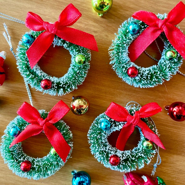Mini Flocked Bottle Brush Christmas Green or Blush Wreaths w/ Bulbs-Lot of 2 Retro Holiday Ornaments-Two Inch Wreaths-Small Red Bow Wreaths
