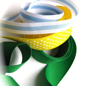 SALE Fresh Grosgrain Ribbon Lot-Wide Grass Green, Nautical Blue & White and Yellow Polka Dots-Trim for Guys-Spring Party-St. Patricks Craft image 1