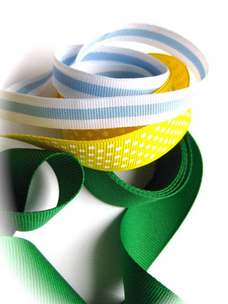 SALE Fresh Grosgrain Ribbon Lot-Wide Grass Green, Nautical Blue & White and Yellow Polka Dots-Trim for Guys-Spring Party-St. Patricks Craft image 1