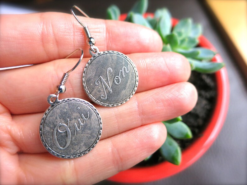 French Oui Non Charm Earrings, Bracelet-Bronze, Gold, OR Silver-Round Dangle Earrings-Paris, France Travel-Quebec-French Language Earrings image 3