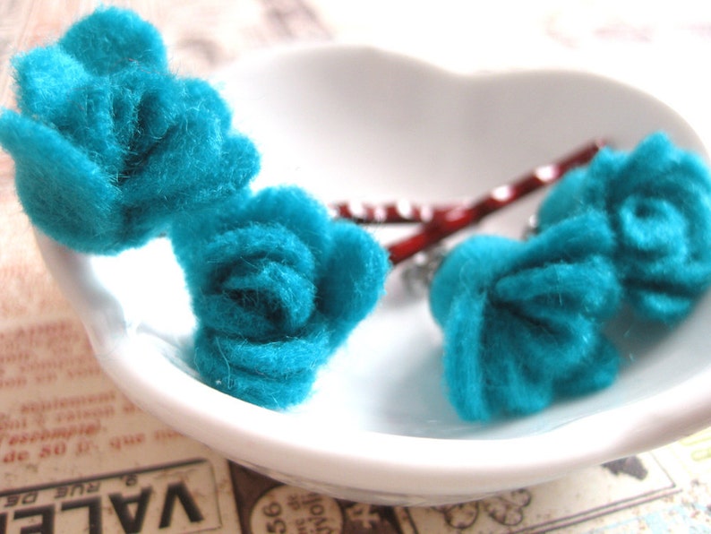 Sweet Turquoise Felt Flower Earrings or Bobby Pins-Teal Hair Accessories-Rosette-Earrings for Teens-Summer Blossoms-School Flower Fashion image 1