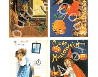 ヴィンテージデジタルハロウィンポストカード - 4枚の不気味なコラージュシート5枚入りヴィンテージ秋カード - 印刷可能なDIYハロウィン魔女秋インスタントダウンロード