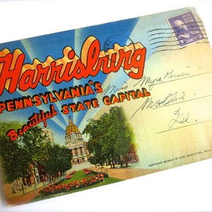 Cartolina postale d'epoca di Harrisburg, Pennsylvania - Capitale dello Stato - Fiume Susquehanna - Fort Washington - Cartolina a fisarmonica USA - Souvenir di viaggio del 1950
