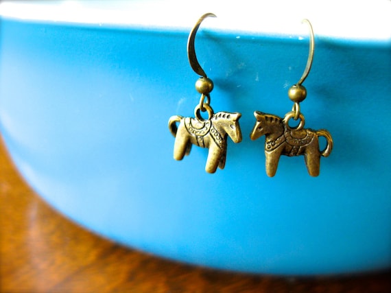 Dala Horse Charm Earrings-Antique Gold or Silver Swedish Dala Horse Jewelry-Folk Horses-Sweden, Scandinavian, Travel-Swedish Christmas Gifts