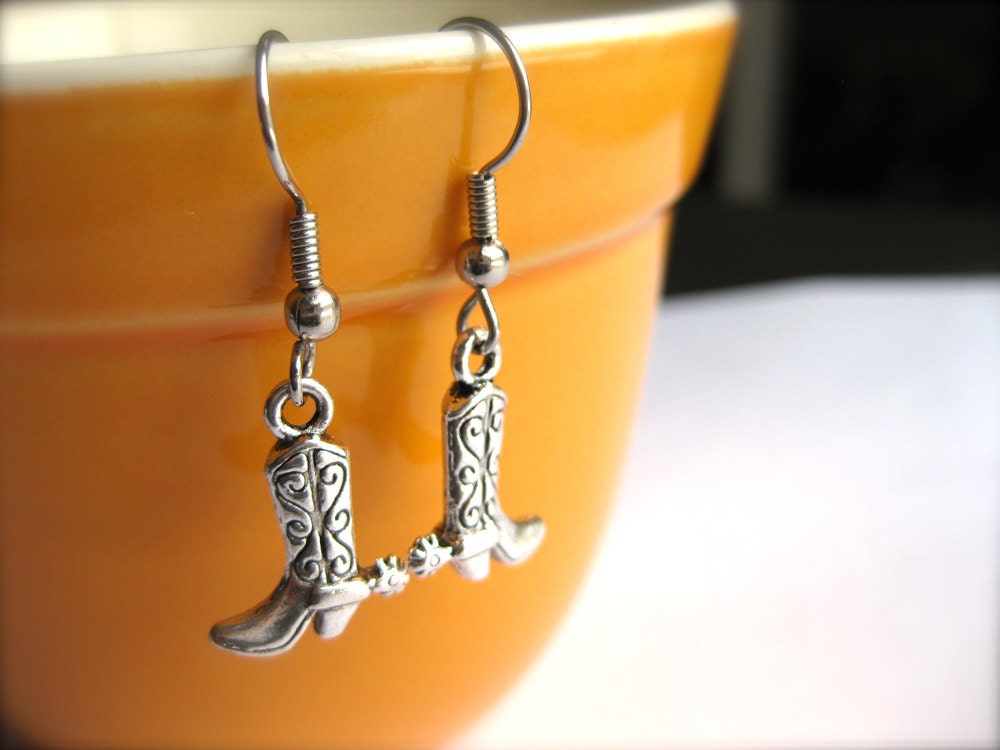 Cowgirl Boots Charm Jewelry-Mini Silver, Gold Cowboy Boots Charm Earrings, Necklace, Bangle-Southwestern Boots w Spurs-Texas Jewelry-Country