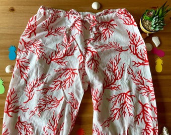 Vintage Victoria's Secret Pajama Bottoms: Sea Coral Print Cotton Lounge Pants-Vintage Name Brand Women's PJ's-Vintage Victoria's Secret