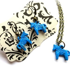 Colorful Dala Horse Charm Earrings or Necklace-Holiday Swedish Horse Jewelry-Red, Orange, Blue Dala Horse-Sweden-Christmas Scandinavian Gift