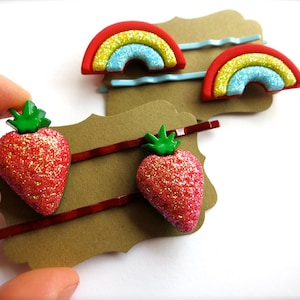 Summer Strawberry, Rainbow Hair Clips-Sparkly Set of Two-Colorful Fruit Accessories-Fruit Bobby Pins-Retro Fruit Pins-Glittery Toddler Clips