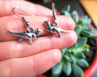 T-Rex Dinosaur Charm Earrings or Necklace-Silver or Antique Gold Dinosaur Charms-Valentine Tyrannosaurus Rex Gift-Science-Dino-Jurassic Park