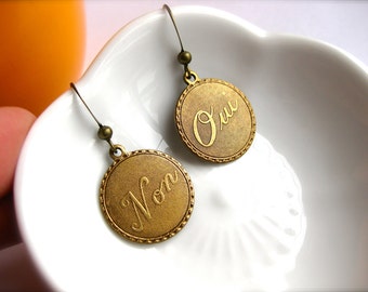 French Oui Non Charm Earrings, Bracelet-Bronze, Gold, OR Silver-Round Dangle Disc Earrings-Paris-France Travel-Paris-Quebec-French Language