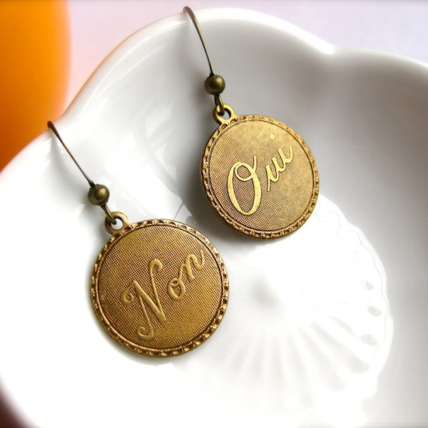 French Oui Non Charm Earrings, Bracelet-Bronze, Gold, OR Silver-Round Dangle Earrings-Paris, France Travel-Quebec-French Language Earrings
