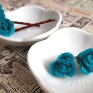 Sweet Turquoise Felt Flower Earrings or Bobby Pins-Teal Hair Accessories-Rosette-Earrings for Teens-Summer Blossoms-School Flower Fashion image 3