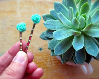 Sweet Rosette Cabochon Bobby Pins-Set of Two-CUSTOM COLOR Floral Hair Pins-Summer Hair Accessories-Boho Hair Pins-Kids Rose Clip-Bridal Hair