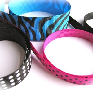 Heldere lintset-retro 1980 grosgrain lint-zwart-wit, felpaarse stippen, turquoise zebrastrepen, zwarte rand-feest-neonlint