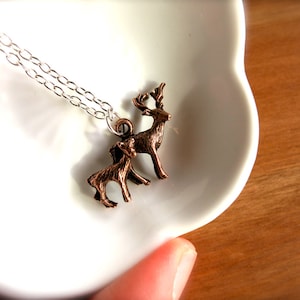 Deer Charm Necklace-Copper Fawn Pendant-Silver Chain-Rustic Deer-Antler Jewelry-Reindeer-Mama Baby Deer-Disney Bambi Deer Charms-Christmas