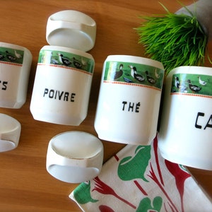 Vintage French Kitchen Canister Set-4 Antique French Ceramic Spice Jars-Vintage Duck Design Canisters w/Lids-White & Green Tea Coffee Jars