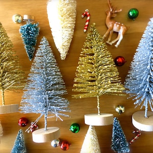 Shimmery Gold, Silver Christmas Bottle Brush Tree-6 Inch Gold Silver Christmas Tree-Retro Gold Glittery Bottle Brush Tree-Mini Holiday Pine