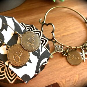 French Oui Non Charm Earrings, Bracelet-Bronze, Gold, OR Silver-Round Dangle Earrings-Paris, France Travel-Quebec-French Language Earrings image 2