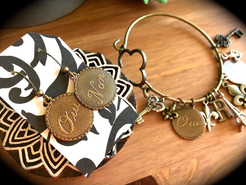 French Oui Non Charm Earrings, Bracelet-Bronze, Gold, OR Silver-Round Dangle Earrings-Paris, France Travel-Quebec-French Language Earrings image 2