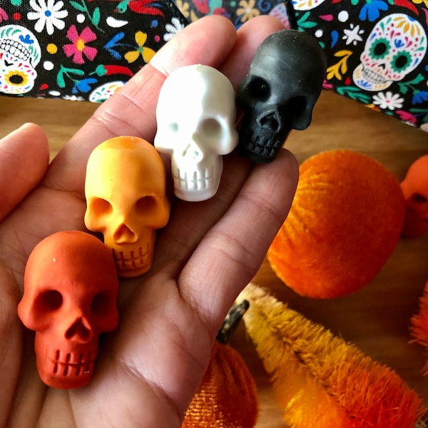 Mini Skulls-4 Colorful Skull Erasers-Cinco de Mayo-Day of the Dead Sugar Skulls-Halloween Party Favor-Skeleton Eraser-Mini Bone-Mexican Coco