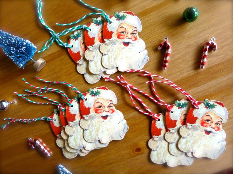 Retro Santa Claus Gift Tags-Lot of 10 Christmas Tags-Santa Gift Tags w/ Red & Green Twine-Santa DieCuts-Christmas Present-Holiday Gift Wrap image 1