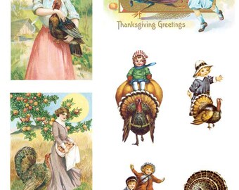 May include: A collection of vintage Thanksgiving postcards. The cards feature illustrations of turkeys, children, and women, with text such as "Thanksgiving Greetings" and "May glad Thanksgivings Crown your days and years."