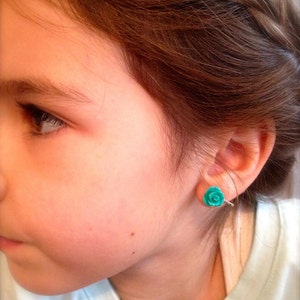 Sweet Rosette Cabochon Earrings-Custom Color Floral Earrings-Pierced or Clipons-Tiny Flower-Pop of Color-Flower Girl-Mother Daughter Jewelry