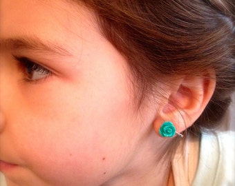Rosette Cabochon Earrings: Custom Color Flower Jewelry-Pierced or Clip-ons-Rose Jewelry-Small Stud Earrings-Floral Jewelry-Gifts for Girls