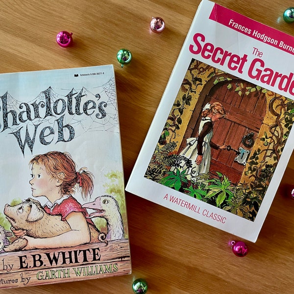 Vintage Children's Spring Books-The Secret Garden & Charlotte's Web-Vintage Children's Classics Literature-E B White and Frances Burnett-Pig