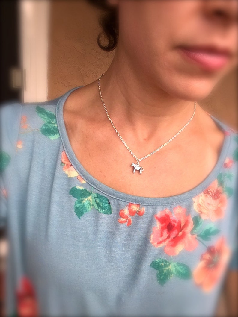 Puede incluir: Un collar de plata con un peque&ntilde;o colgante de caballo. El collar se lleva sobre una camiseta azul claro con estampado floral de rosas rojas y rosas y hojas verdes.