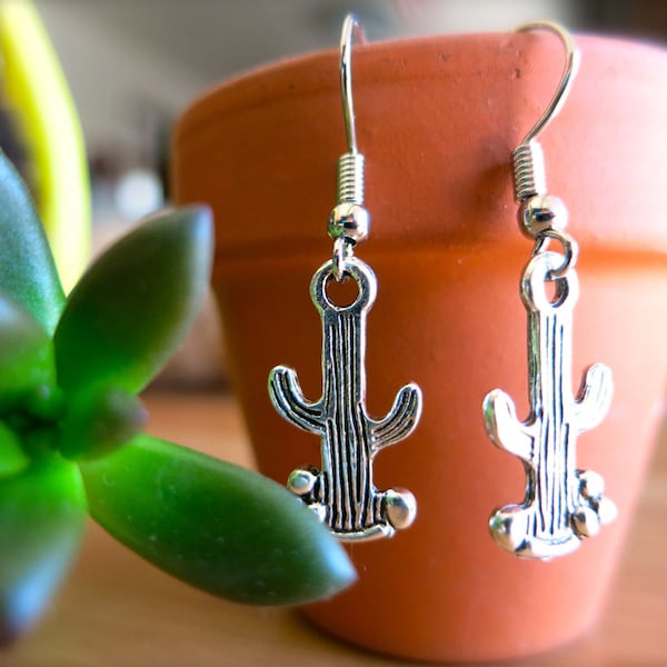 Silver Saguaro Cactus Charm Earrings-OR Silver Cactus Charm Necklace-Southwestern, Cowgirl Jewelry-Silver Cacti Jewelry-Plant Charms-Boho