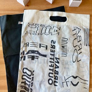 May include: Two reusable shopping bags. One is black and the other is white with a black print of the words "Urban Outfitters" repeated in different sizes and orientations.