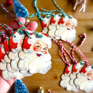 Retro Santa Claus Gift Tags-Lot of 10 Christmas Tags-Santa Gift Tags w/ Red & Green Twine-Santa DieCuts-Christmas Present-Holiday Gift Wrap image 3