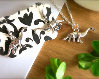 Brontosaurus Dinosaur Charm Earrings or Necklace-Silver Dinosaur Charm Jewelry-Long Neck-Fossils-Dinosaur Jewelry-Gifts for Science Teachers