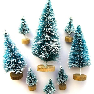Mini Flocked Bottle Brush Tree Set-Lot of 7 Green & White Mini Trees-Tiny Holiday Pines-Putz Village-Retro Snow Globes-Christmas Terrarium