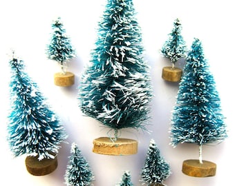 Mini Flocked Bottle Brush Tree Set-Lot of 7 Green & White Mini Trees-Tiny Holiday Pines-Putz Village-Retro Snow Globes-Christmas Terrarium