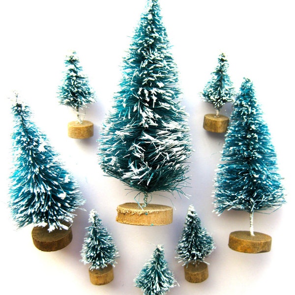 Mini Flocked Bottle Brush Tree Set-Lot of 7 Green & White Mini Trees-Tiny Holiday Pines-Putz Village-Retro Snow Globes-Christmas Terrarium
