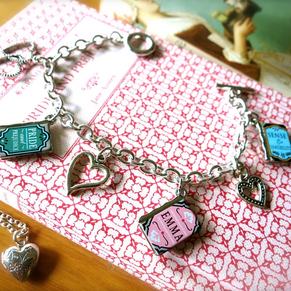 Jane Austen Novels & Hearts Charm Bracelet-Silver Jane Austen Charm Bracelet-Mini Jane Austen Books Jewelry-Elizabeth-Victorian Love Stories