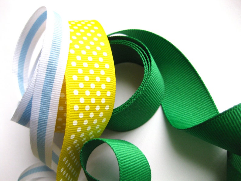 SALE Fresh Grosgrain Ribbon Lot-Wide Grass Green, Nautical Blue & White and Yellow Polka Dots-Trim for Guys-Spring Party-St. Patricks Craft image 4