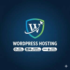 Puede incluir: Logotipo de alojamiento de WordPress con un diseño de escudo en tonos azules y verdes. El escudo contiene una "W" blanca y una flecha. Debajo del escudo, el texto "WORDPRESS HOSTING", junto con iconos para "FREE DOMAIN", "CPANEL SOFTACILOUS", "EMAIL" y "HTTPS SECURED".
