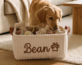 Personalized Dog Toy Box, Custom Pet Toy Basket, Corduroy Pet Accessories Organizer, New Puppy Gift, Dog Toy Storage Bin