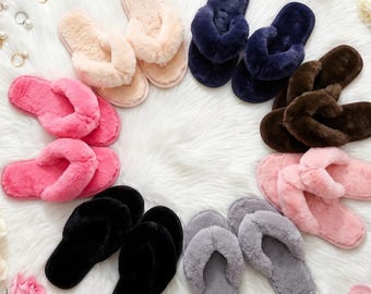 Faux Fur Slippers for Women, Cozy Plush Slides, Alphabet Letter Shoes, Warm Fuzzy Indoor Home Slippers, Soft Winter Gift