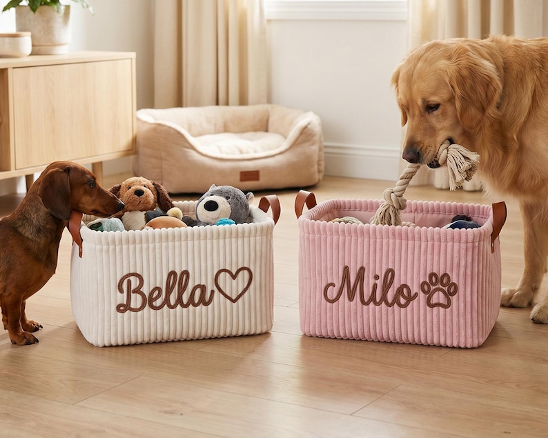 May include: Two rectangular storage baskets made of ribbed fabric with brown leather-like handles. The white basket features the embroidered name Bella and a heart icon. The pink basket features the embroidered name Milo and a paw print icon.