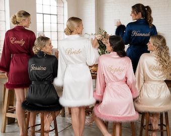 Bata de novia personalizada, bata de novia bordada a medida, bata de satén con ribete de encaje, regalo para damas de honor, atuendo para prepararse para la boda.