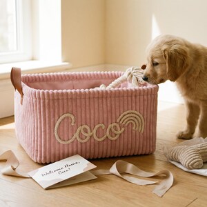 May include: A rectangular pink corduroy storage basket with brown leather handles. The front features the name Coco and a rainbow design in cream-colored rope. A small golden retriever puppy is sniffing the basket, which contains a rope toy.
