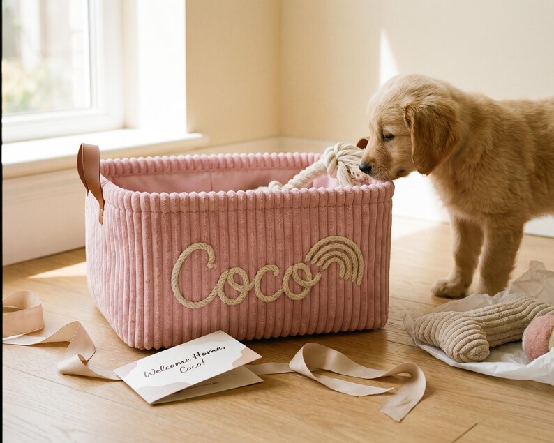 May include: A rectangular pink corduroy storage basket with brown leather handles. The front features the name Coco and a rainbow design in cream-colored rope. A small golden retriever puppy is sniffing the basket, which contains a rope toy.