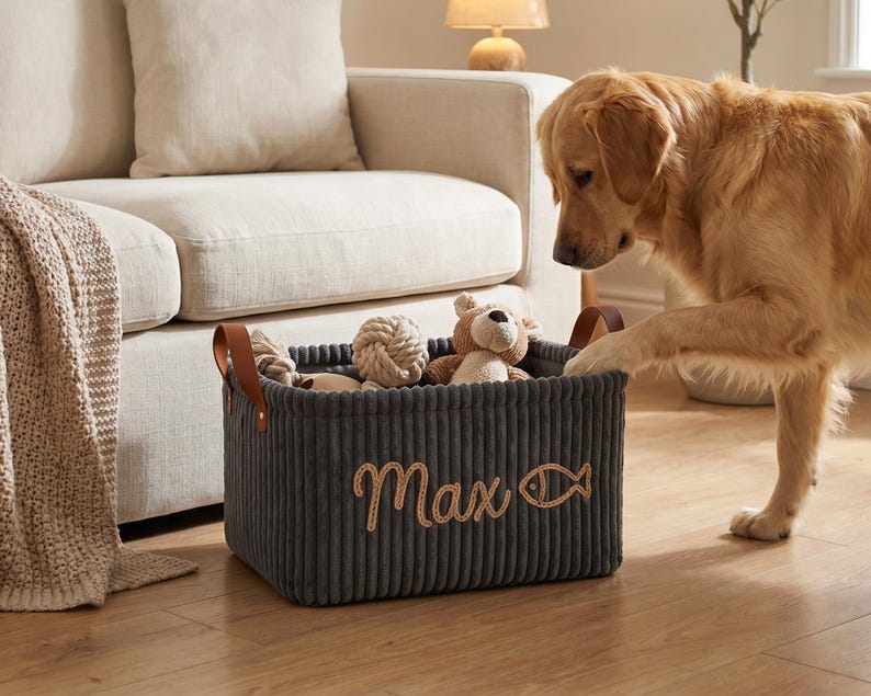 May include: A rectangular dark gray corduroy storage basket featuring brown leather handles and the embroidered name Max next to a fish icon. The basket is filled with various plush toys and rope balls, sitting on a wooden floor.