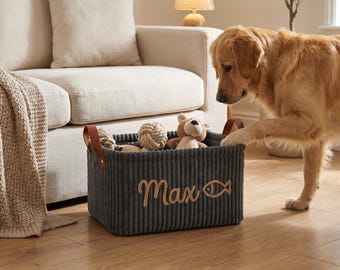 Aangepaste speelgoedmand voor huisdieren, kattenspeelgoeddoos gepersonaliseerd, corduroy kattenaccessoires opslag, opberger kattenspeelgoed, kattenliefhebber geschenken, minimalistisch huisdiercadeau