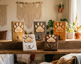カスタム犬名フック、パーソナライズされた犬用リードホルダー、壁掛け式犬用リード収納、木製肉球型フック、ペット好きへのギフト